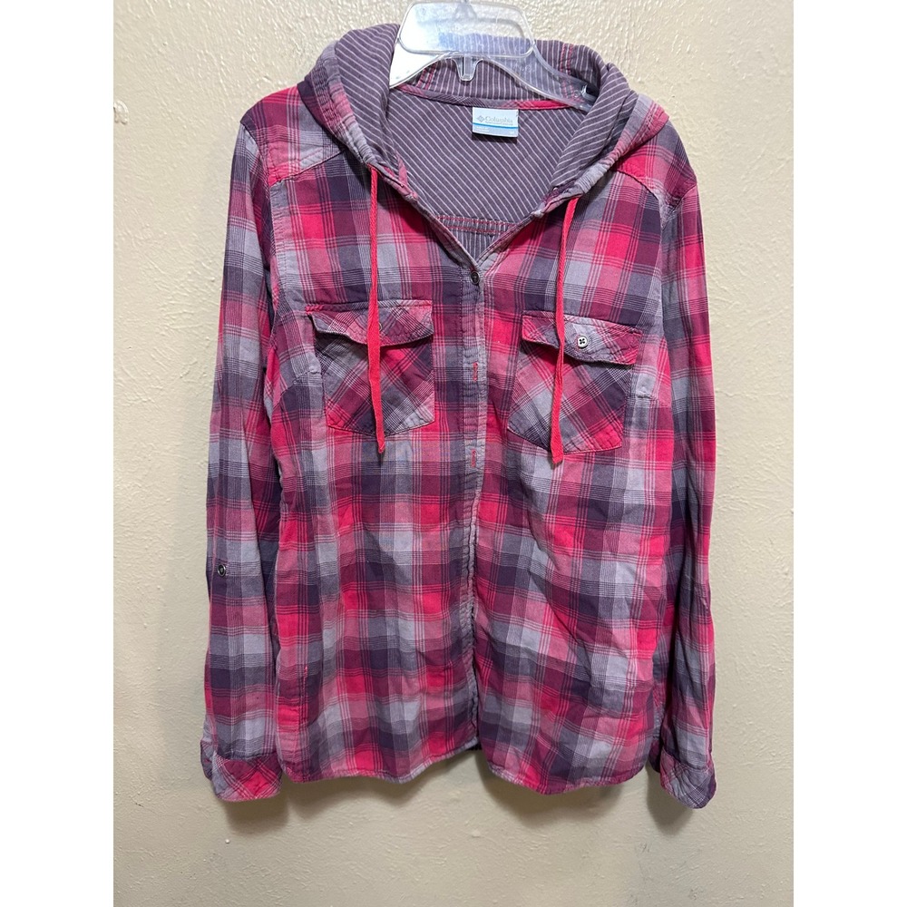 Columbia Womens Plaid Hooded Shirt Button Down‎ Long Sleeve Pink Gray Medium